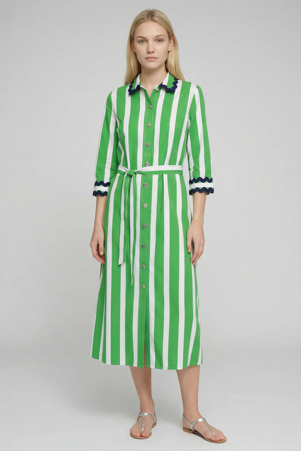 Model wearing Vilagallo 33401 Green Striped Shirt Dress by vilagallo with waist tie and button front, shop vilagallo at Dotique