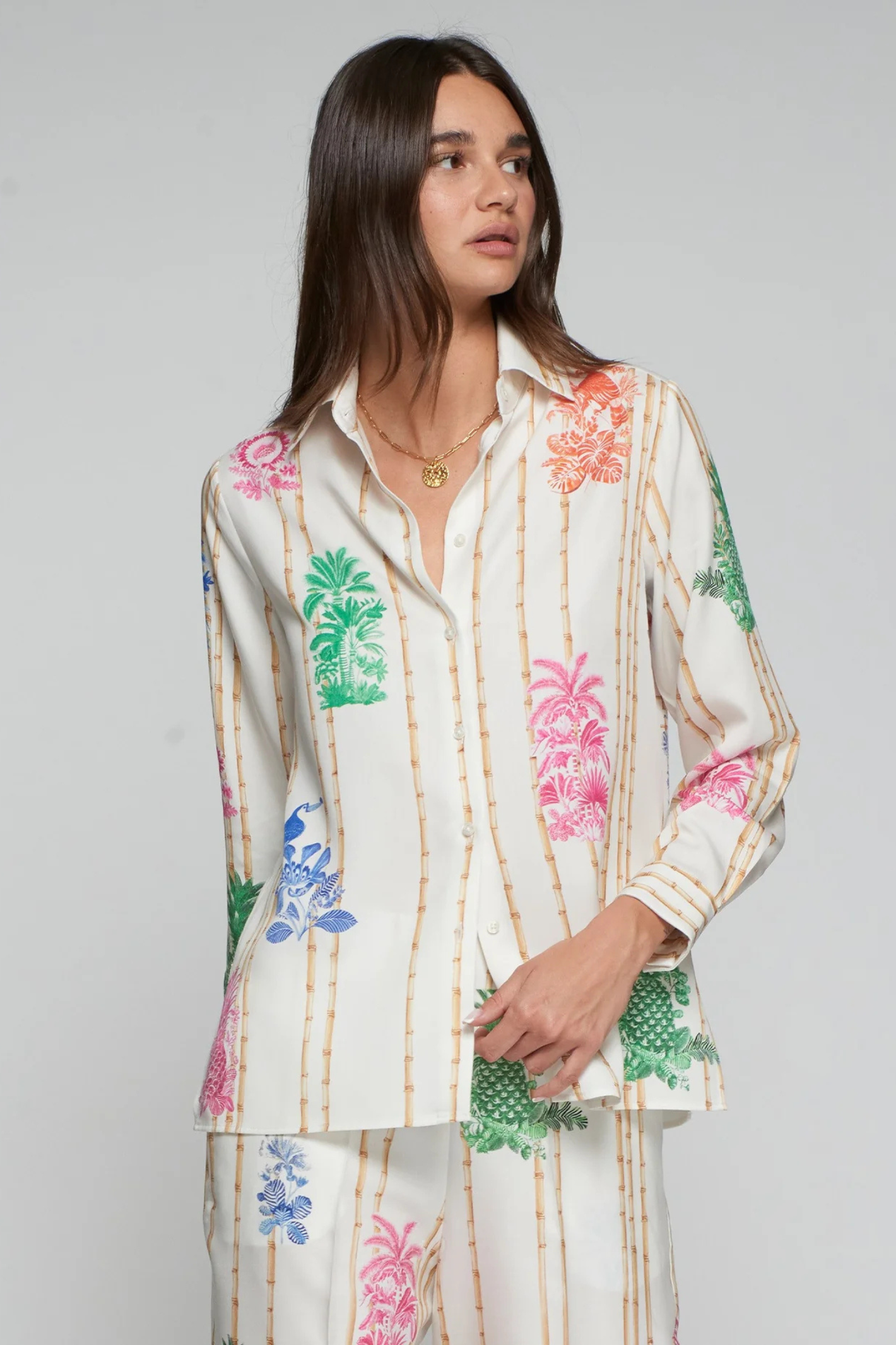 Vilagallo 33647 Bamboo Print Shirt in White by Vilagallo styled on model, shop Vilagallo at Dotique online.