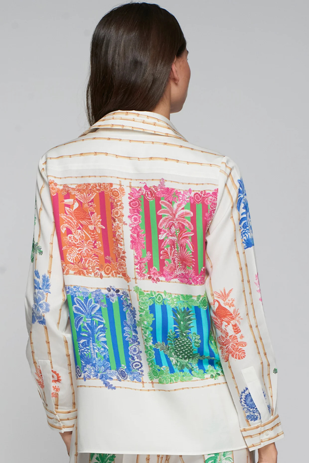 Back view of Vilagallo 33647 Bamboo Print Shirt in White by vilagallo shop vilagallo at Dotique with colorful floral panels
