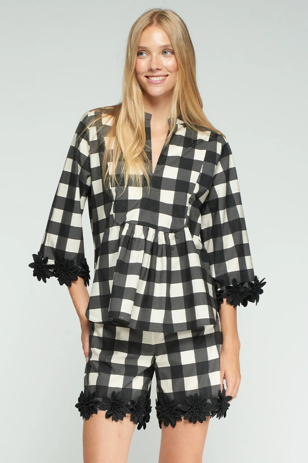 Vilagallo 33340 Black Check Blouse with Appliqué Cuffs by vilagallo worn front view shop vilagallo at Dotique