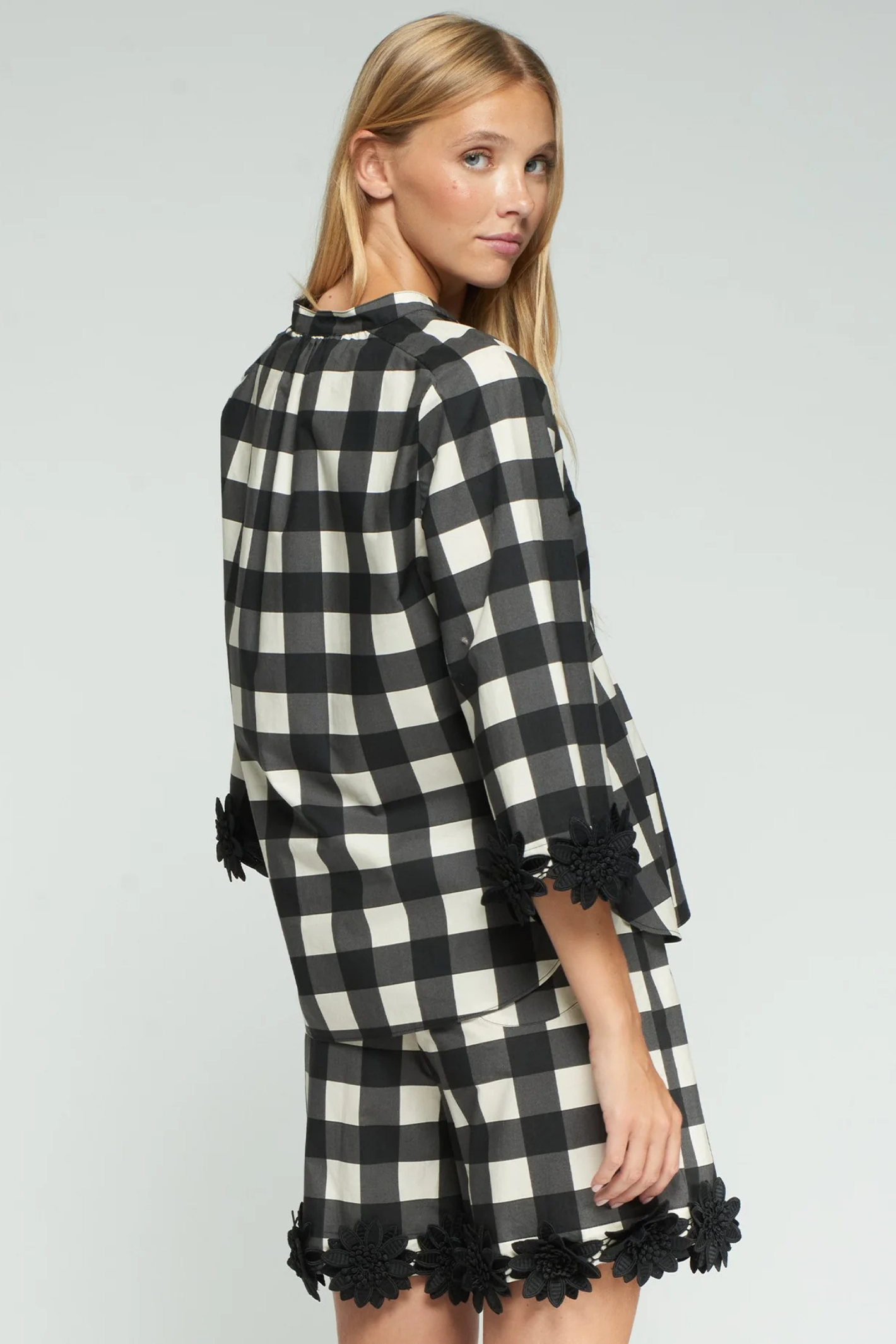 Vilagallo 33340 Black Check Blouse with Appliqué Cuffs by vilagallo shown from back shop vilagallo at Dotique