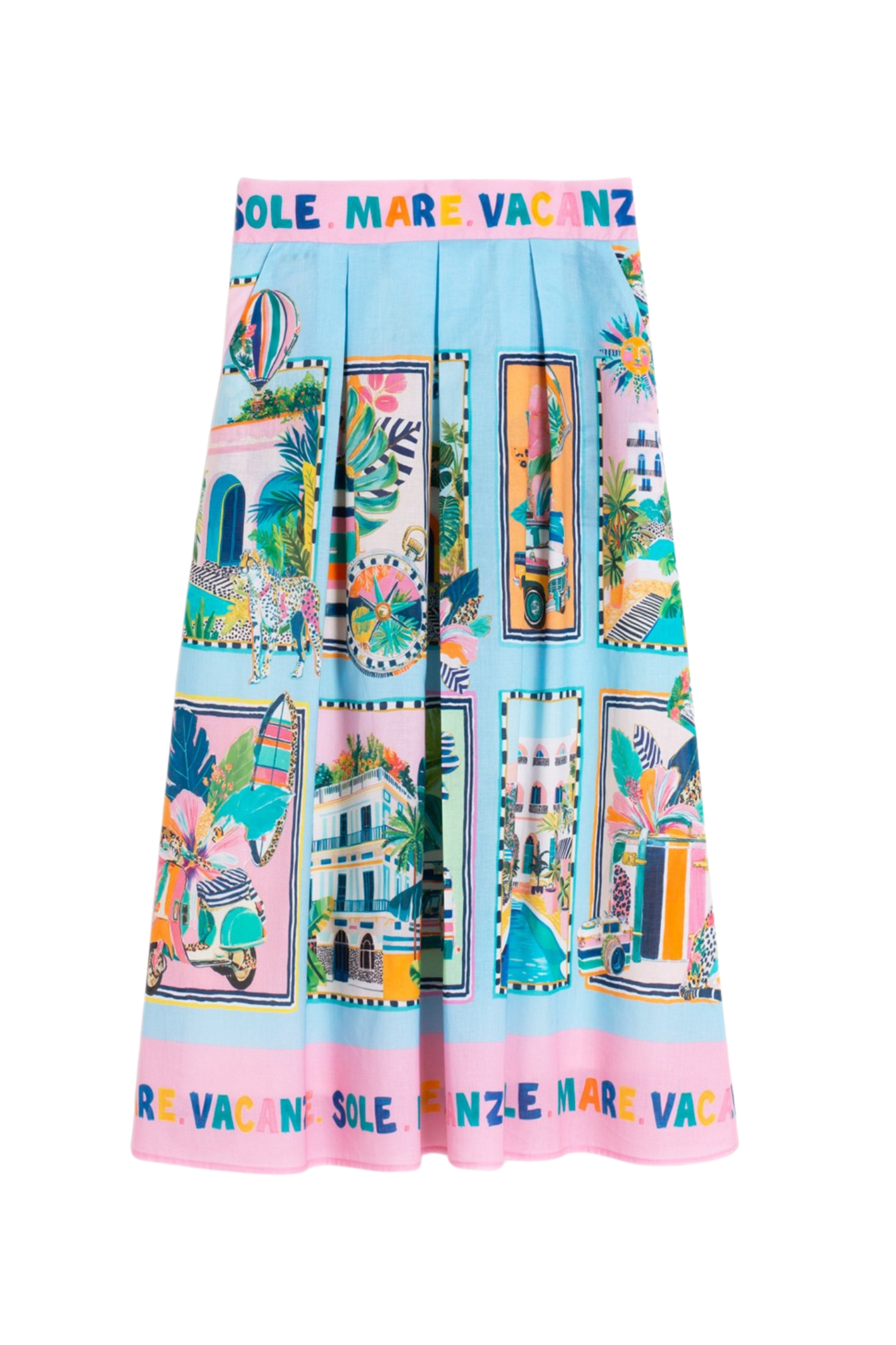 Vilagallo 33655 Blue Cotton Skirt with Holiday Print by vilagallo available to shop vilagallo at Dotique on white background
