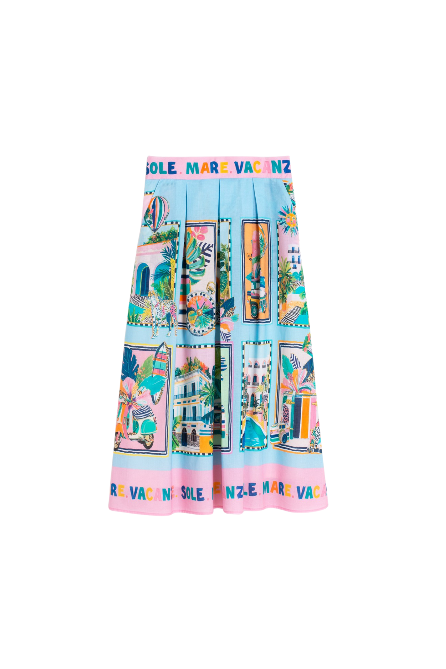 Vilagallo 33655 Blue Cotton Skirt with Holiday Print by vilagallo available to shop vilagallo at Dotique full view on white background