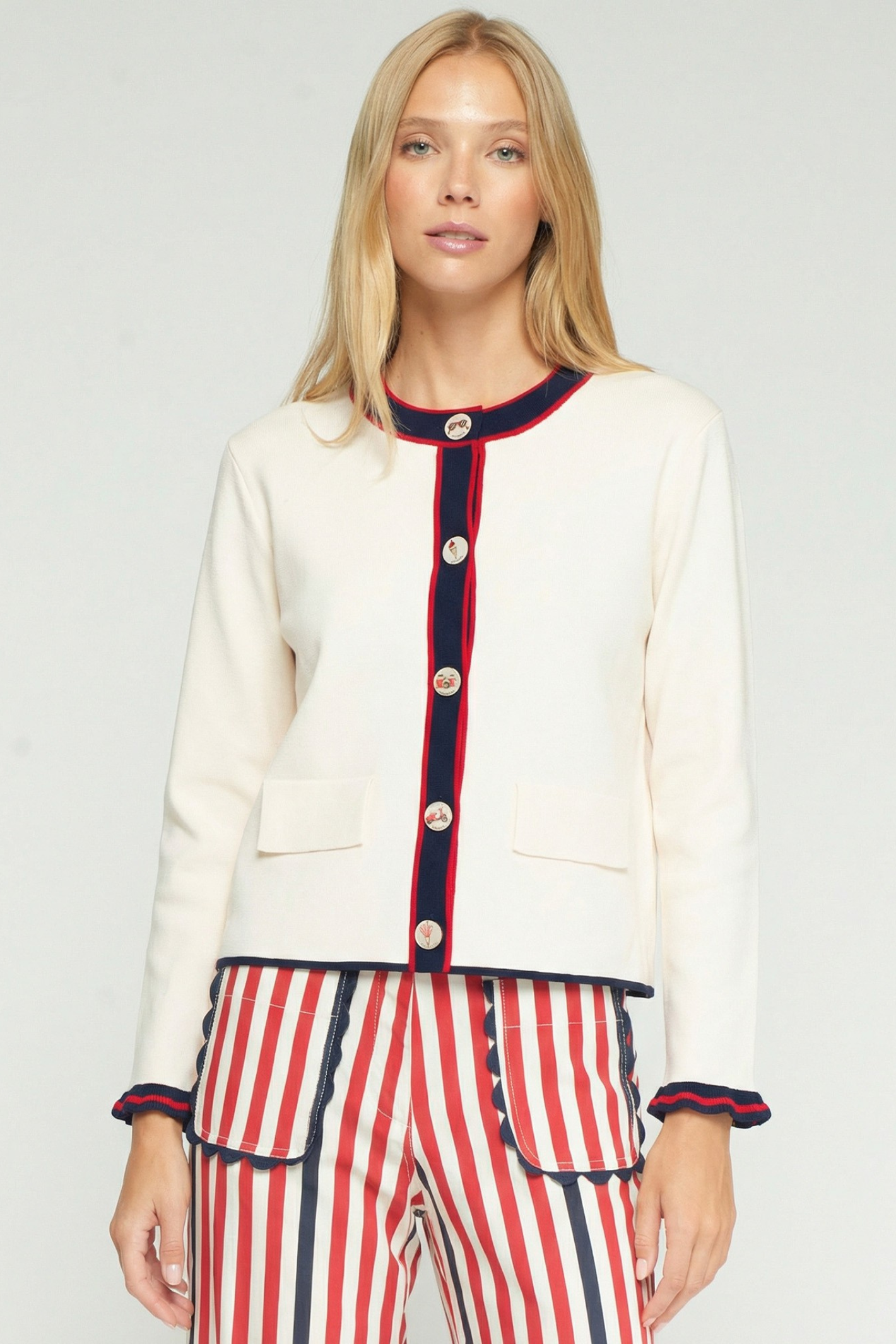 Vilagallo 33478 Ecru Jacket with Navy & Red Trim by vilagallo worn by model shop the vilagallo at Dotique