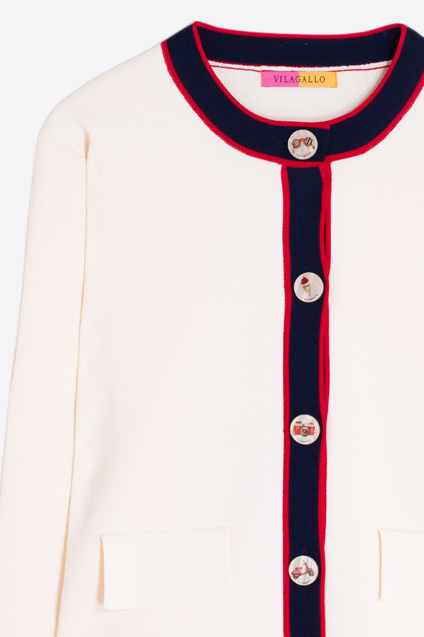 Vilagallo 33478 Ecru Jacket with Navy & Red Trim by vilagallo close-up of buttons shop the vilagallo at Dotique