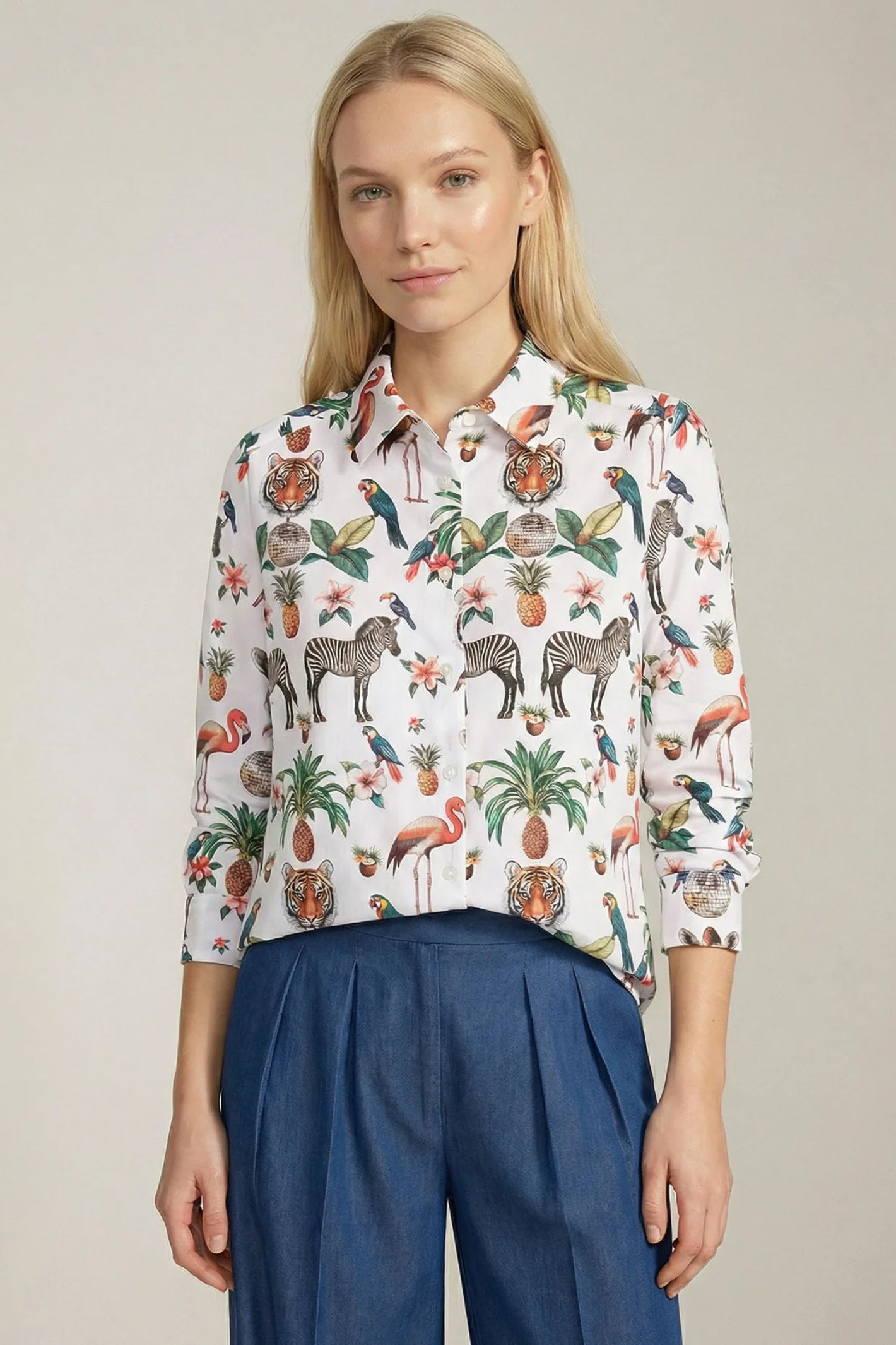 Vilagallo 33377 Exotic Animals Print Shirt worn by model, featuring vibrant animal prints, shop Vilagallo at Dotique.