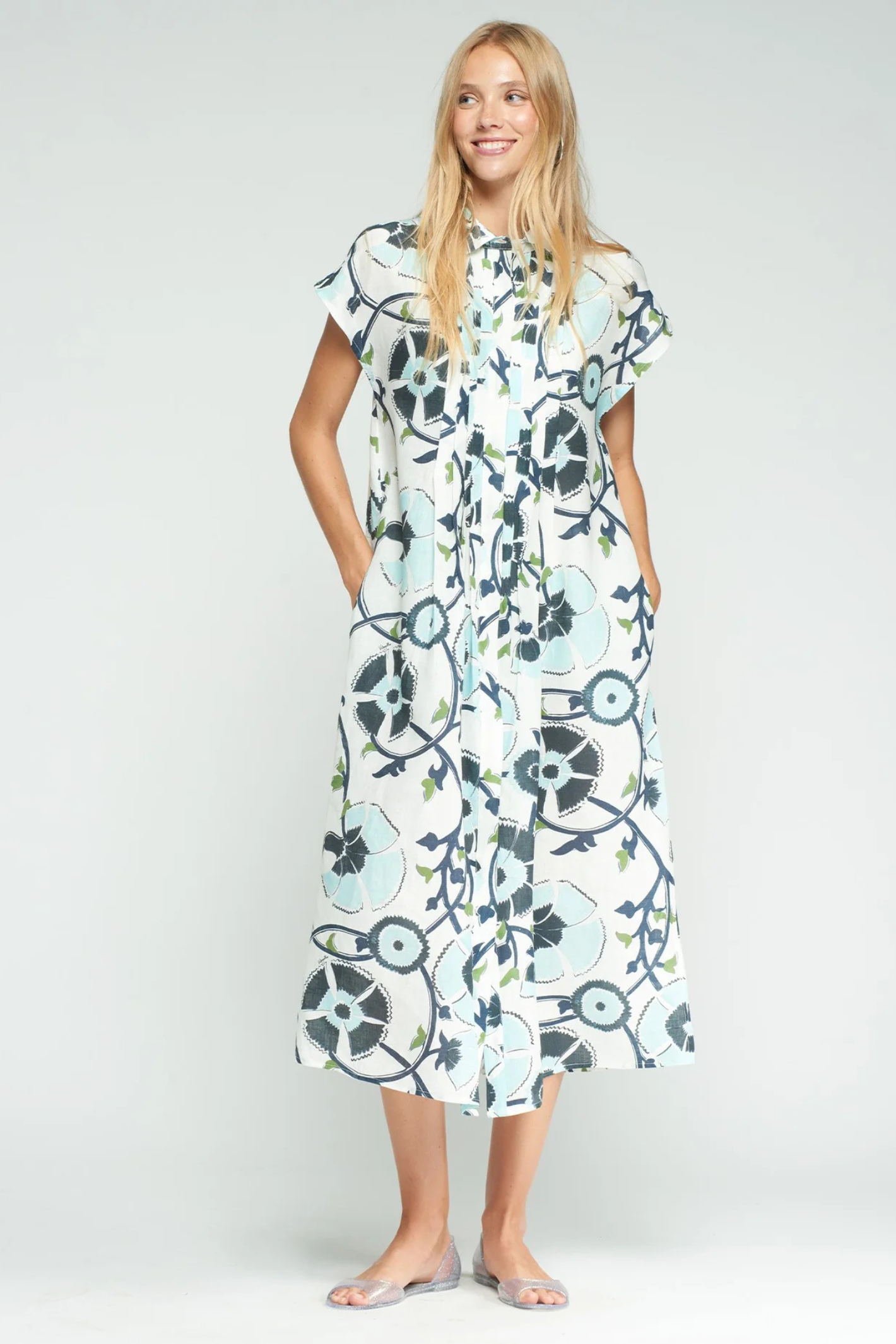 Vilagallo 33357 Floral Print Linen Shirt Dress by Vilagallo modeled, shop Vilagallo at Dotique for stylish linen dresses.