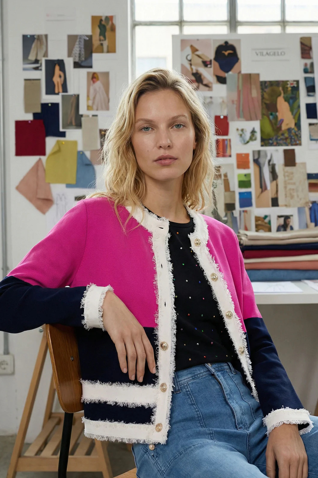 Model wearing Vilagallo 33472 Fuchsia & Navy Frayed Trim Cardigan by vilagallo, shop vilagallo at Dotique in creative studio setting