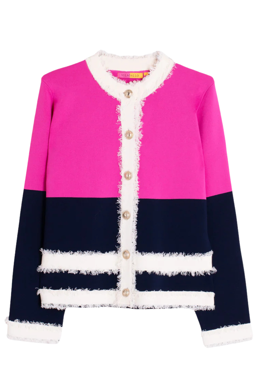 Vilagallo 33472 Fuchsia & Navy Frayed Trim Cardigan by vilagallo, shop vilagallo at Dotique crisp front view on white background