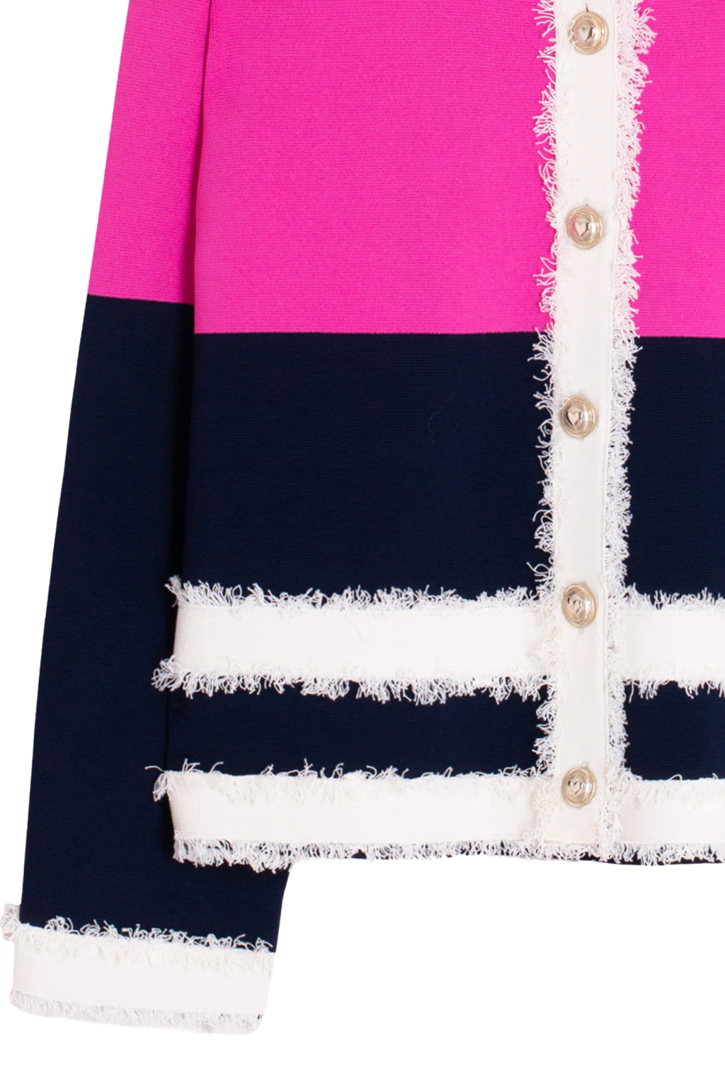 Close-up of Vilagallo 33472 Fuchsia & Navy Frayed Trim Cardigan by vilagallo, shop vilagallo at Dotique crisp detail view
