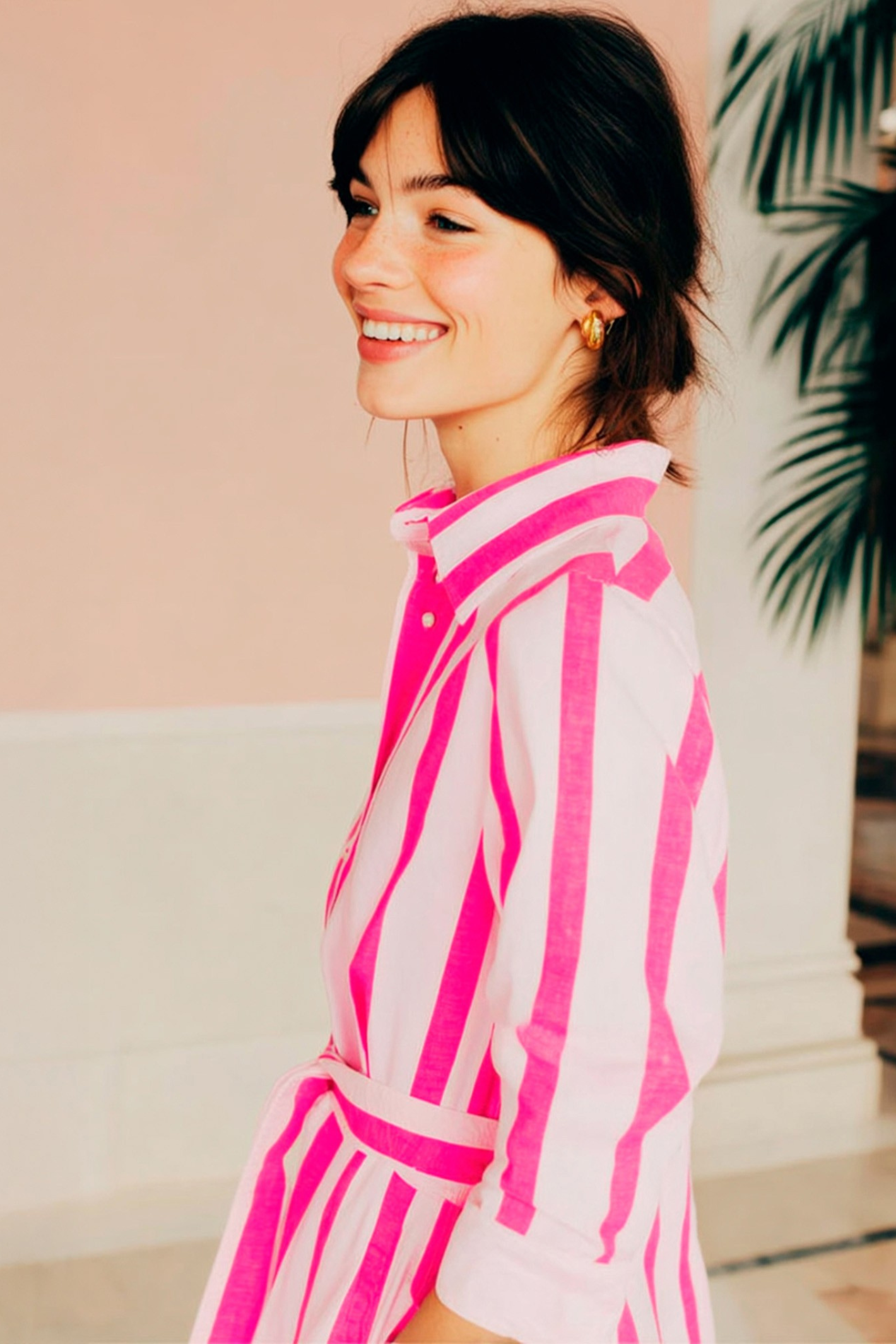Smiling woman wearing Vilagallo 33666 Fuchsia Striped Shirt Dress by Vilagallo, shop the Vilagallo collection at Dotique.