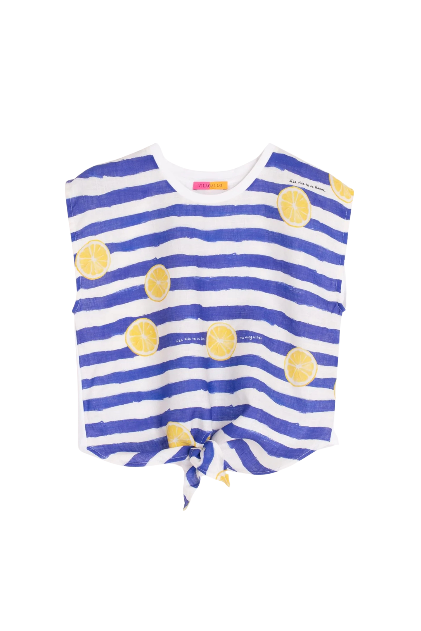 Vilagallo 33446 Lemon Stripe Knot-Front Cotton Linen T-Shirt by vilagallo available to shop at Dotique front flat lay view