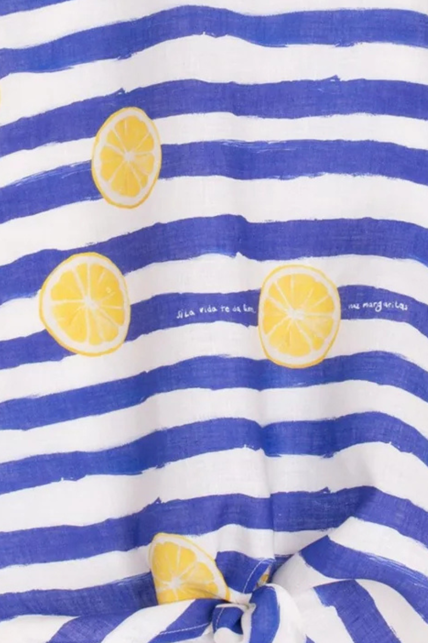 Close-up of Vilagallo 33446 Lemon Stripe Knot-Front Cotton Linen T-Shirt by vilagallo shop vilagallo at Dotique showing lemon print detail