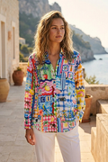 Model wearing Vilagallo 33431 Multicolour Patchwork Print Cotton Shirt by vilagallo available to shop vilagallo at Dotique front view outdoor setting