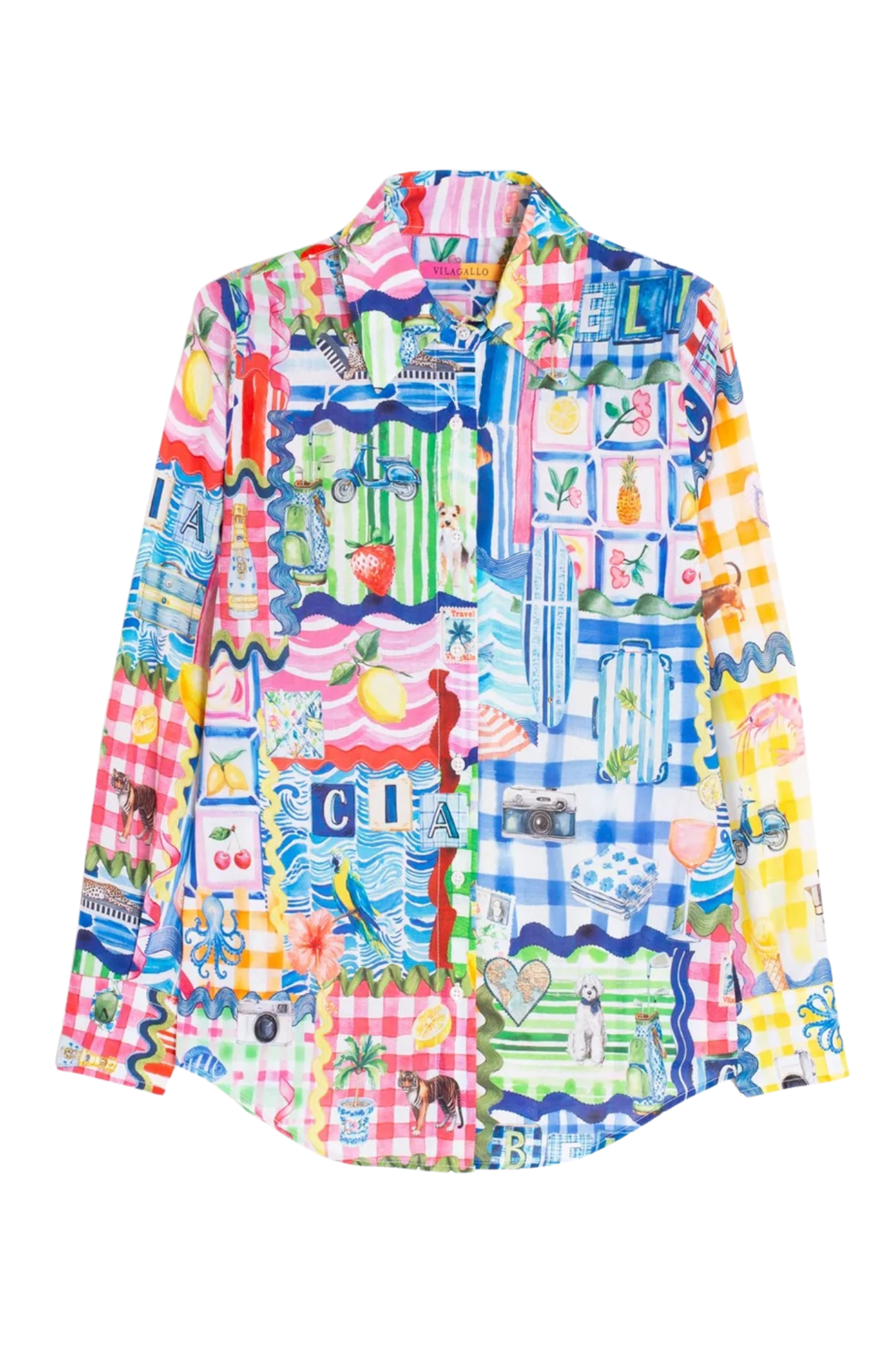 Vilagallo 33431 Multicolour Patchwork Print Cotton Shirt by vilagallo shop vilagallo at Dotique vibrant detailed design front view