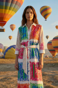 Model wearing Vilagallo 33656 Multicoloured Tropical Print Tencel Shirt Dress by Vilagallo with hot air balloons, shop Vilagallo at Dotique.