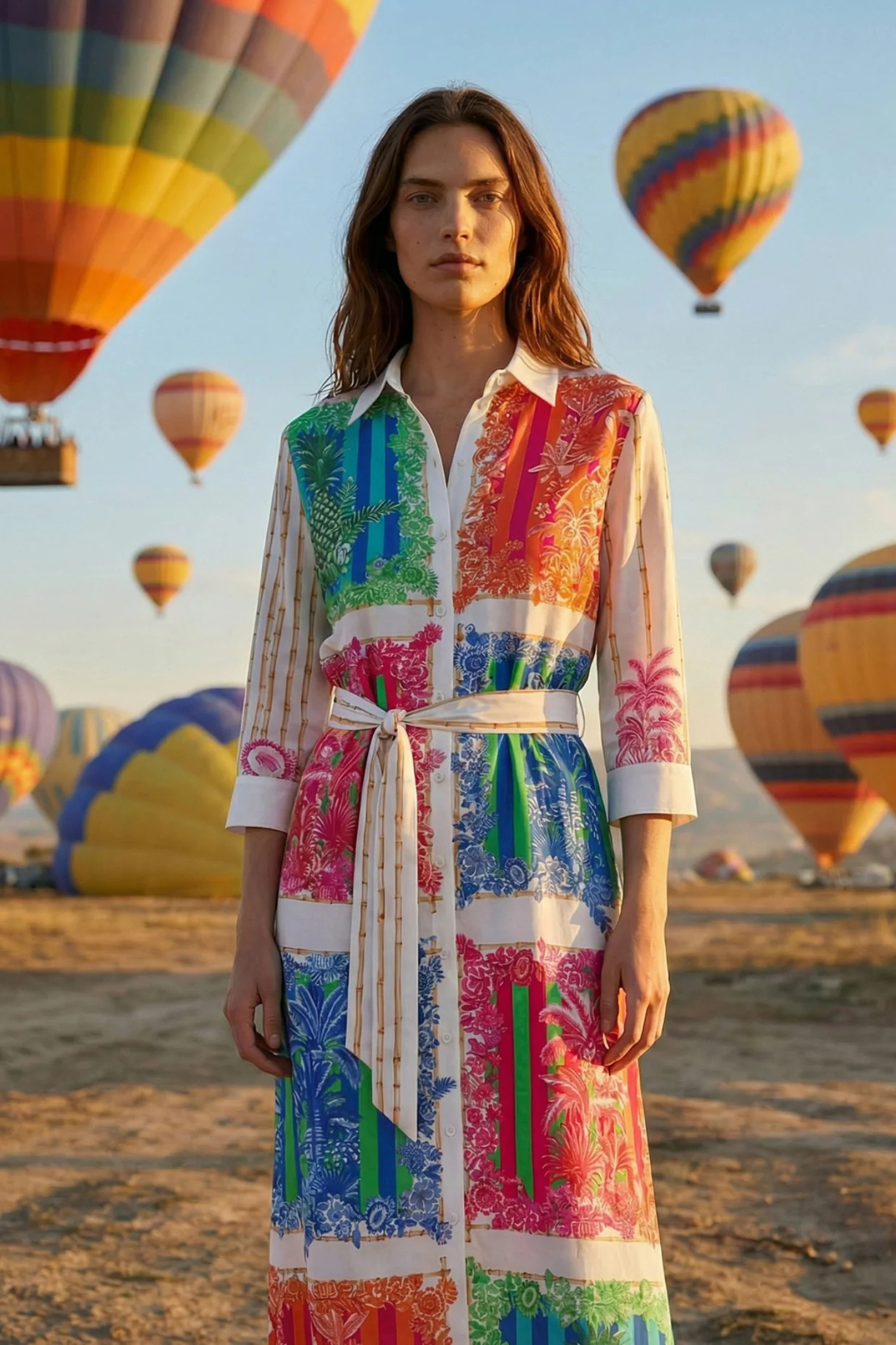 Vilagallo 33656 Multicoloured Tropical Print Tencel Shirt Dress by Vilagallo shown in portrait with hot air balloons Shop Vilagallo at Dotique