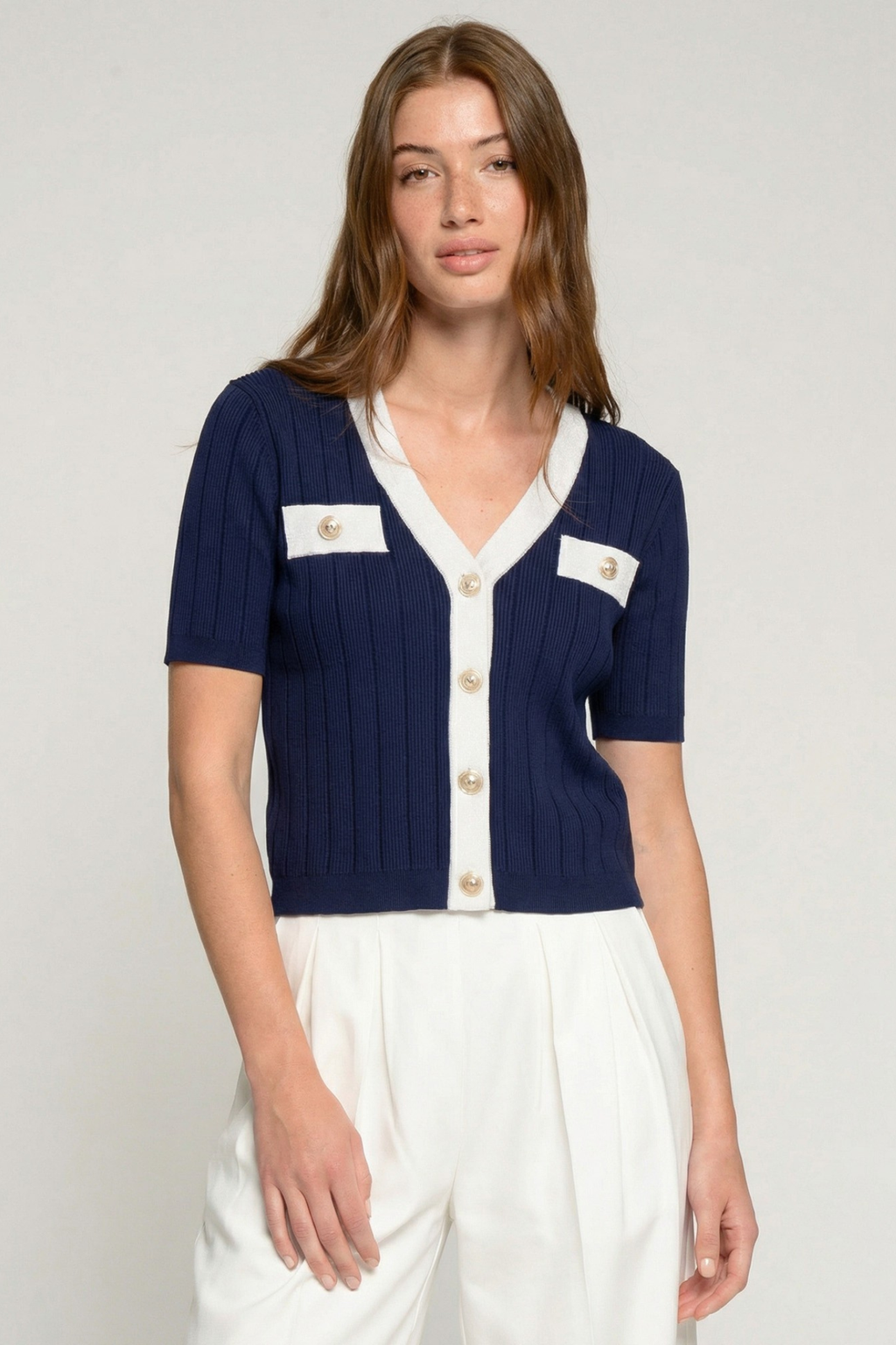 Vilagallo 33474 Navy Cardigan with white trim and pearl buttons by vilagallo shop the vendor at Dotique