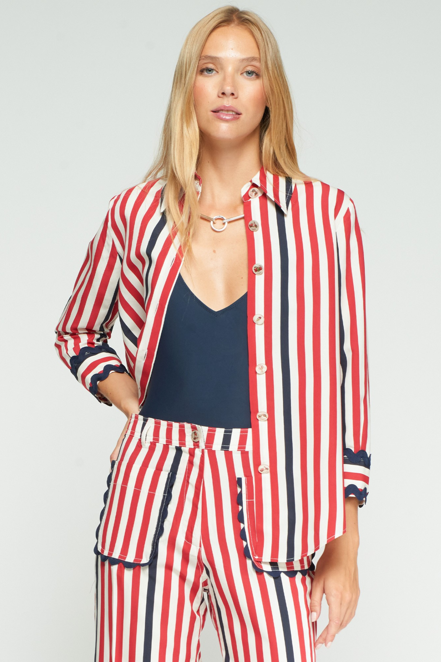 Vilagallo 33390 Red and Navy Striped Shirt With Navy Cuffs by Vilagallo, shop Vilagallo at Dotique online