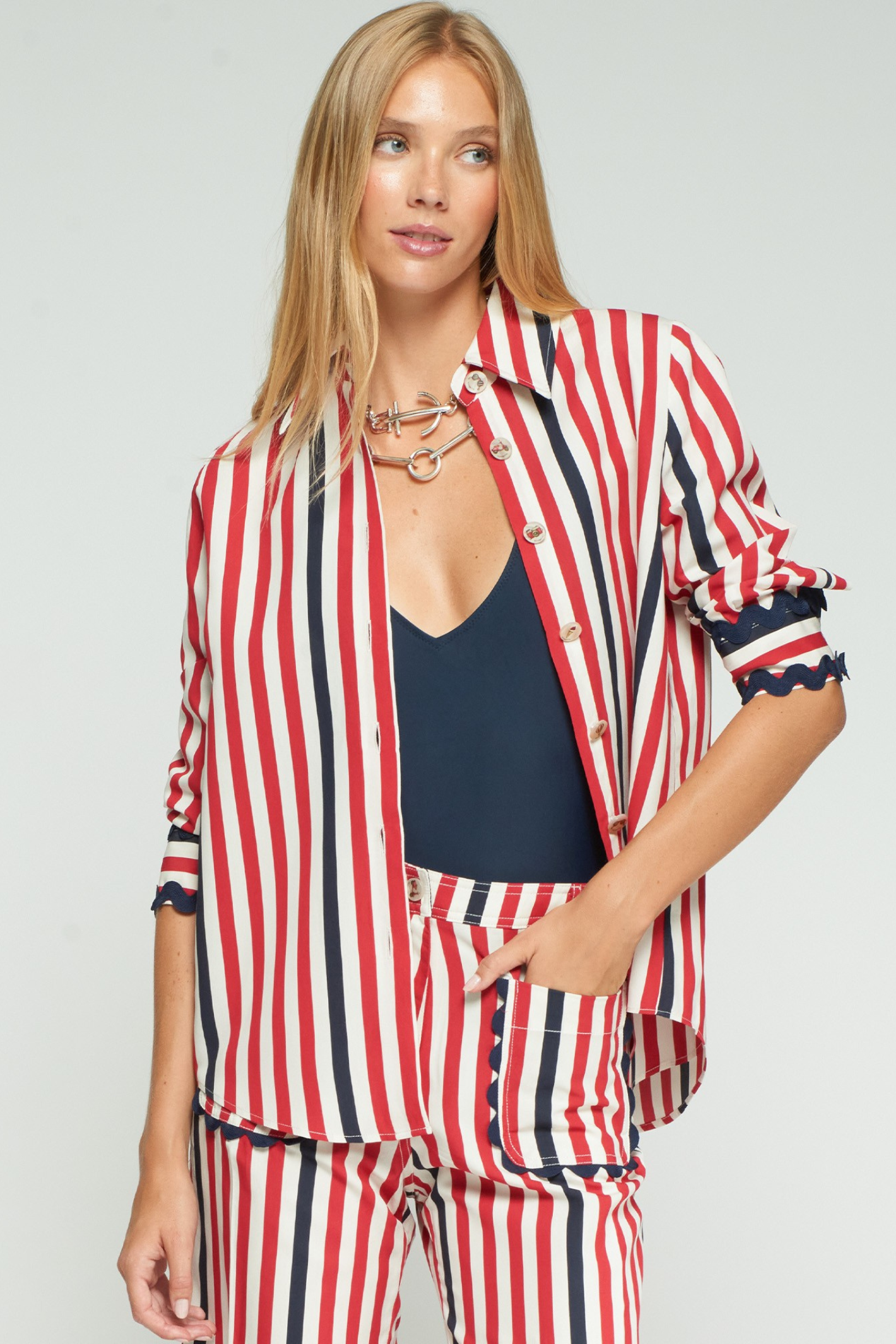 Vilagallo 33390 Red and Navy Striped Shirt With Navy Cuffs by Vilagallo, shop Vilagallo at Dotique.