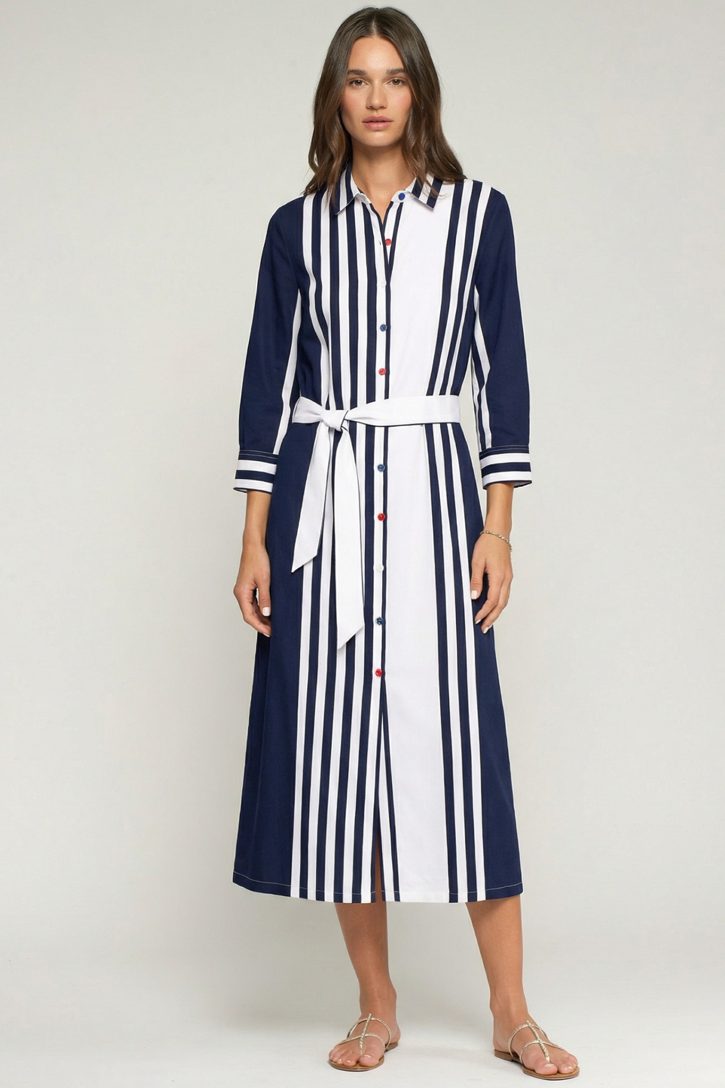 Vilagallo 33409 Navy and White Striped Shirt Dress by vilagallo worn by model shop vilagallo at Dotique