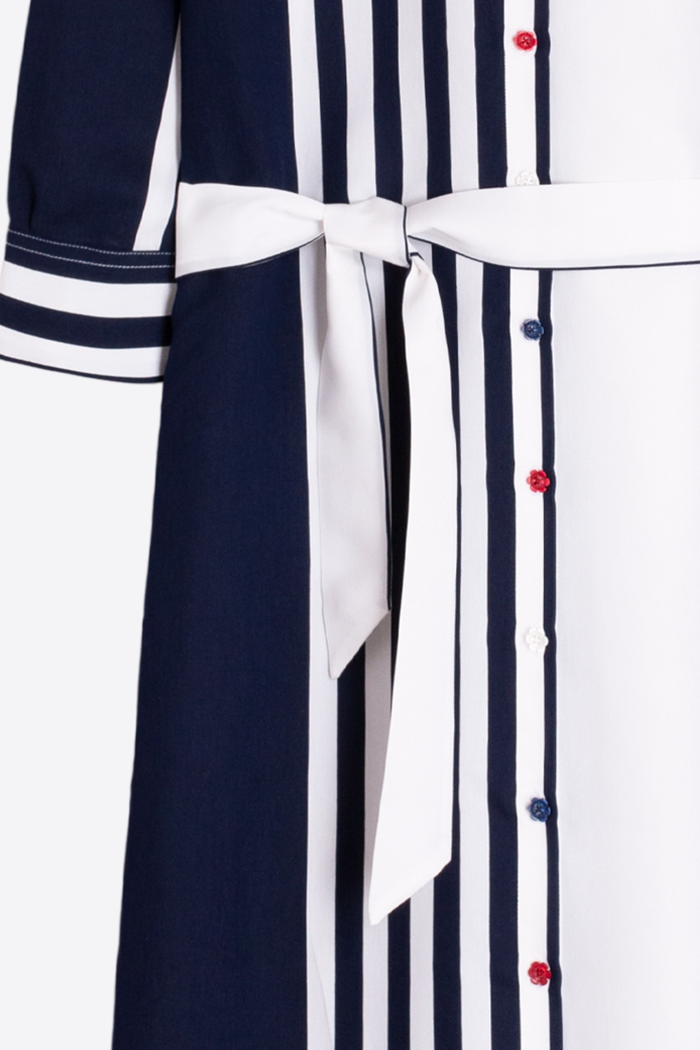 Vilagallo 33409 Navy and White Striped Shirt Dress by vilagallo close-up of buttons and tie Shop vilagallo at Dotique