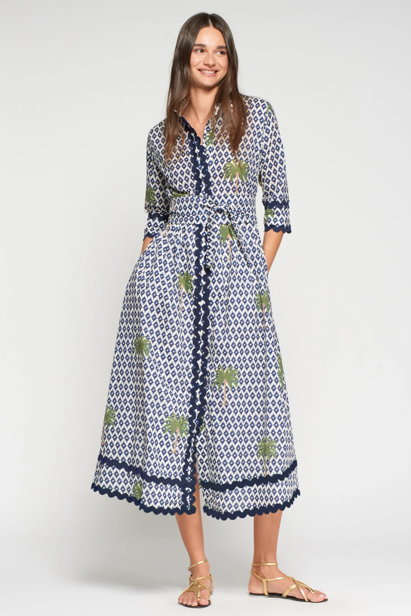 Vilagallo 33219 Palm Print Cotton Midi Dress with Navy Trim worn by model, shop Vilagallo at Dotique gallery position 1 portrait