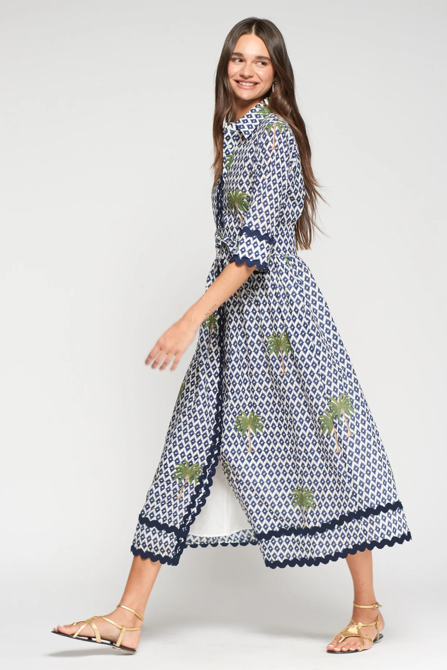 Vilagallo 33219 Palm Print Cotton Midi Dress with Navy Trim gallery 2 portrait Shop Vilagallo at Dotique