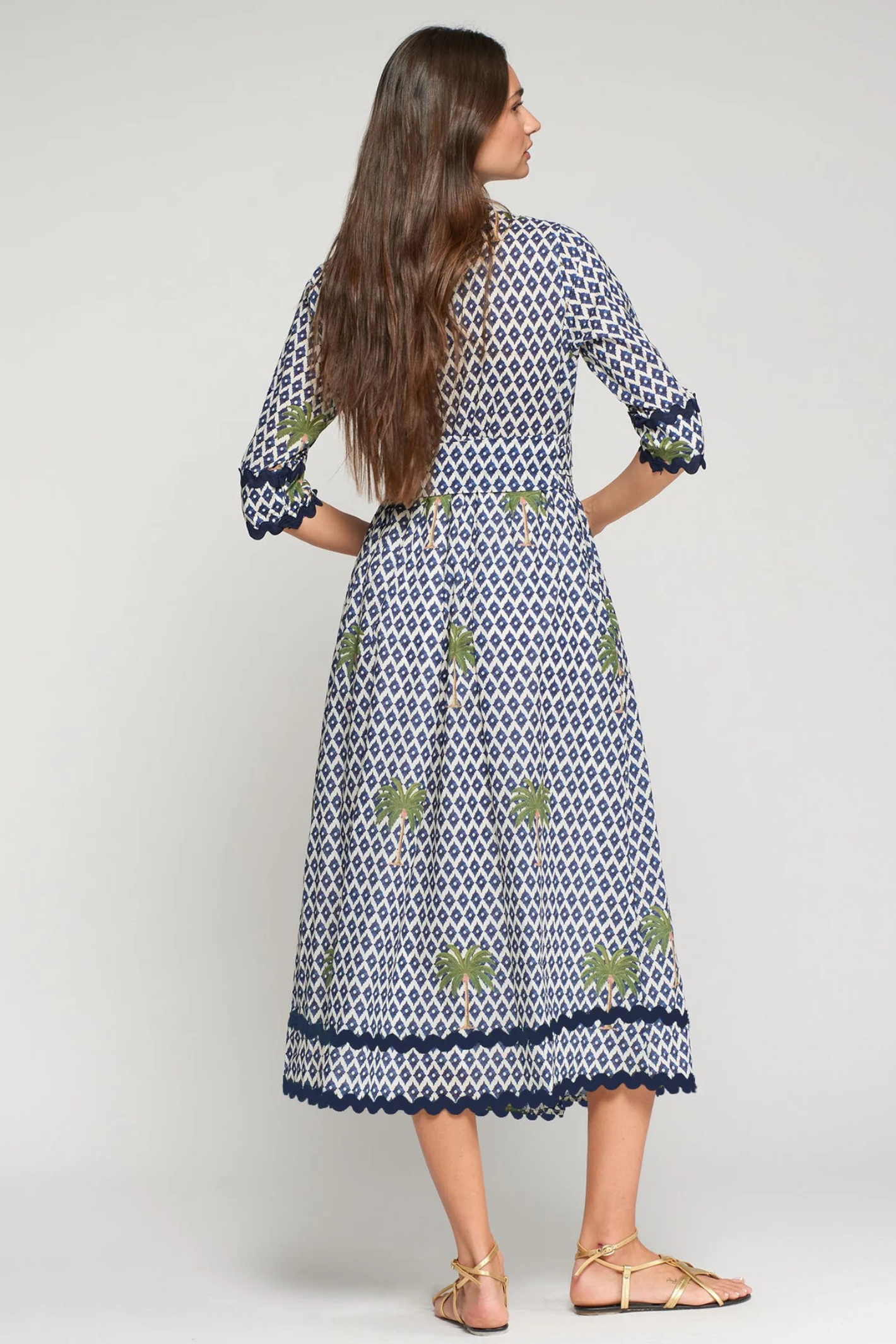 Vilagallo 33219 Palm Print Cotton Midi Dress with Navy Trim shown from back in portrait gallery 3 Shop Vilagallo at Dotique