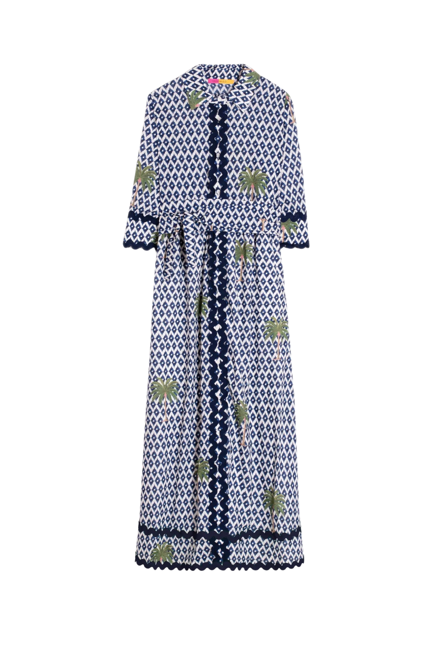 Vilagallo 33219 Palm Print Cotton Midi Dress with Navy Trim gallery 4 portrait view Shop Vilagallo at Dotique