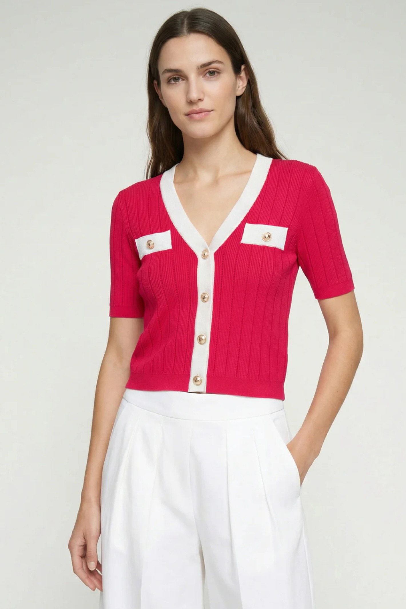 Model wearing Vilagallo 33477 Red Short Sleeve Ribbed Cardigan by vilagallo, shop vilagallo at Dotique in minimalist studio setting