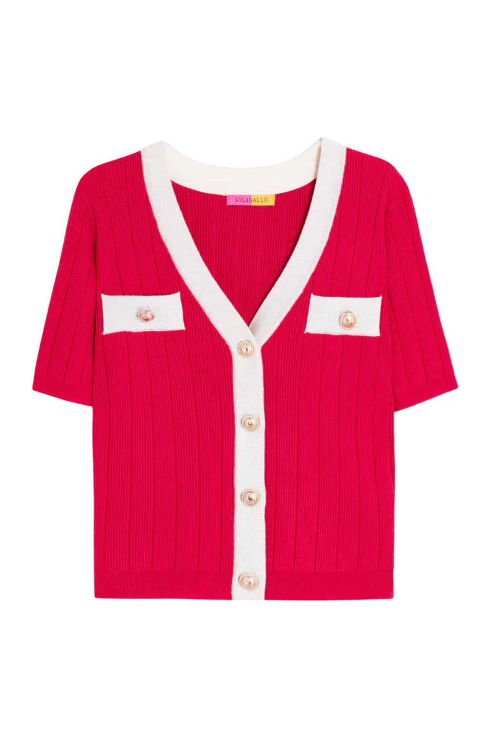 Vilagallo 33477 Red Short Sleeve Ribbed Cardigan by vilagallo, shop vilagallo at Dotique in crisp flat lay style