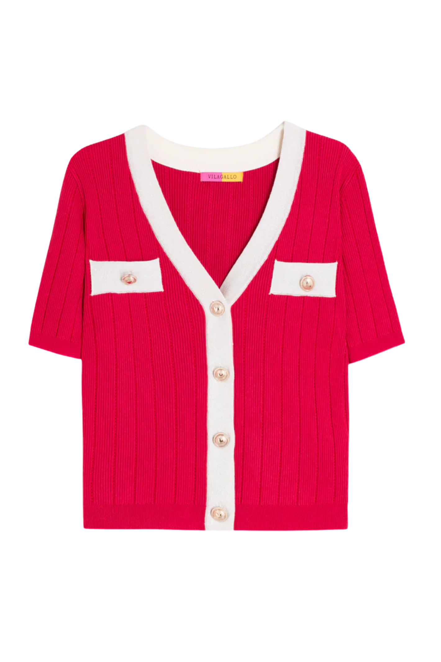 Vilagallo 33477 Red Short Sleeve Ribbed Cardigan by vilagallo, shop vilagallo at Dotique in crisp flat lay style