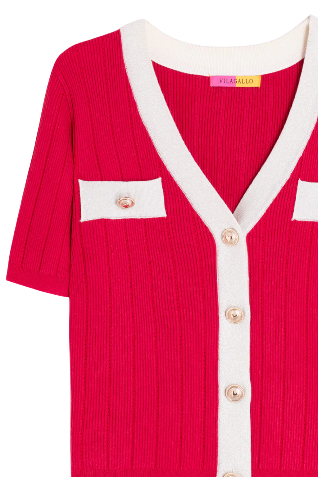 Vilagallo 33477 Red Short Sleeve Ribbed Cardigan by vilagallo, shop vilagallo at Dotique in crisp flat lay view