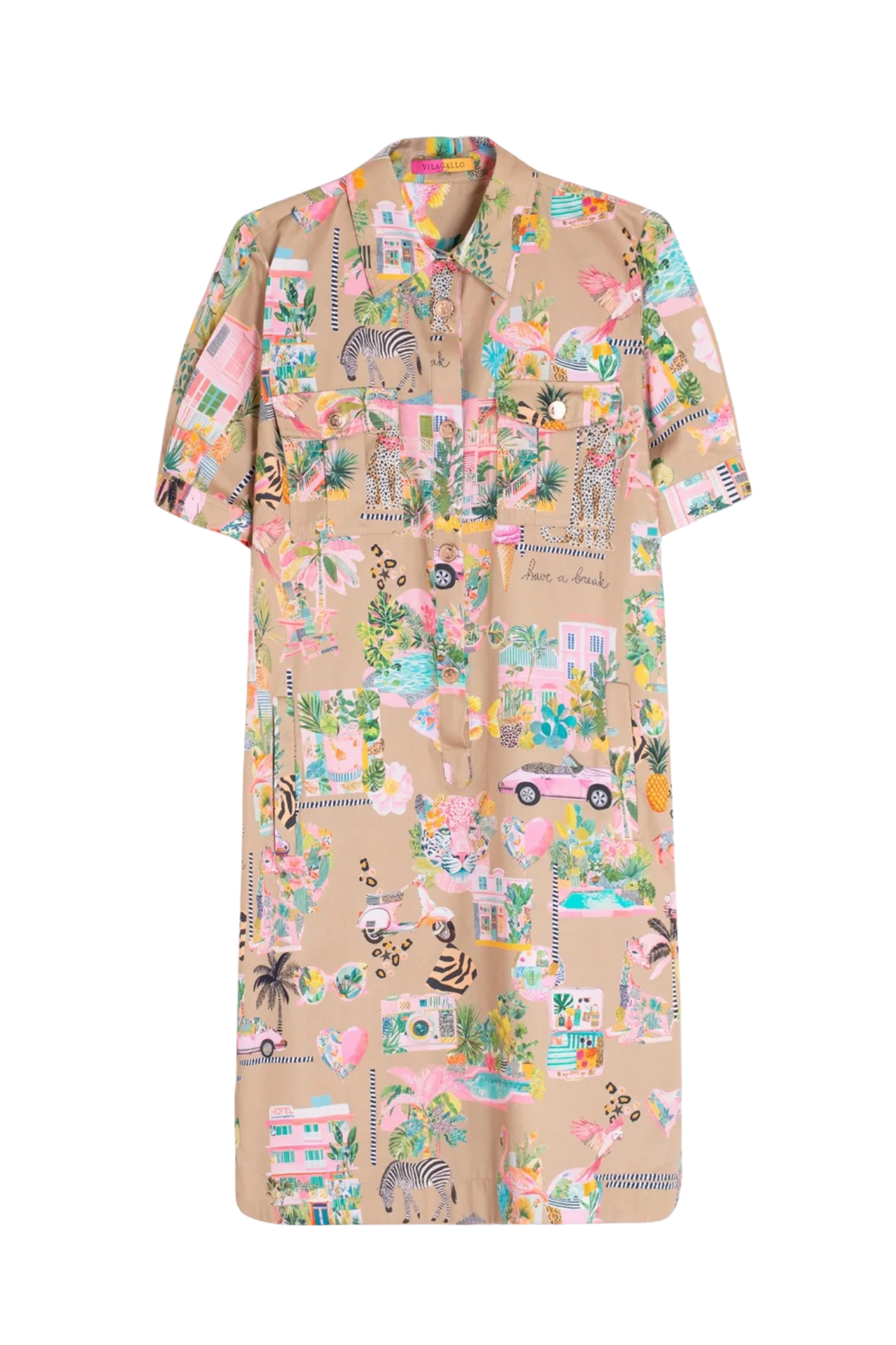 Vilagallo 33563 Sand Tropical Print Cotton Shirt Dress