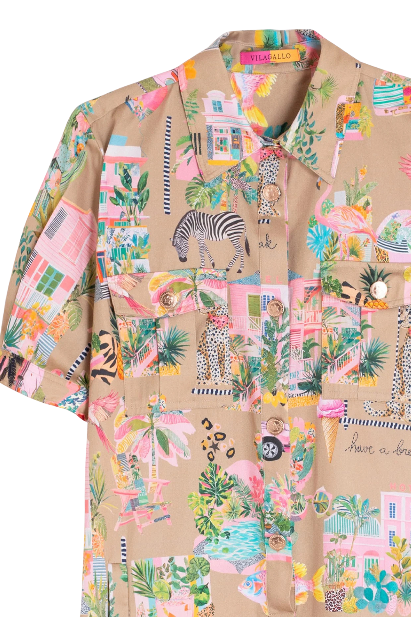 Vilagallo 33563 Sand Tropical Print Cotton Shirt Dress