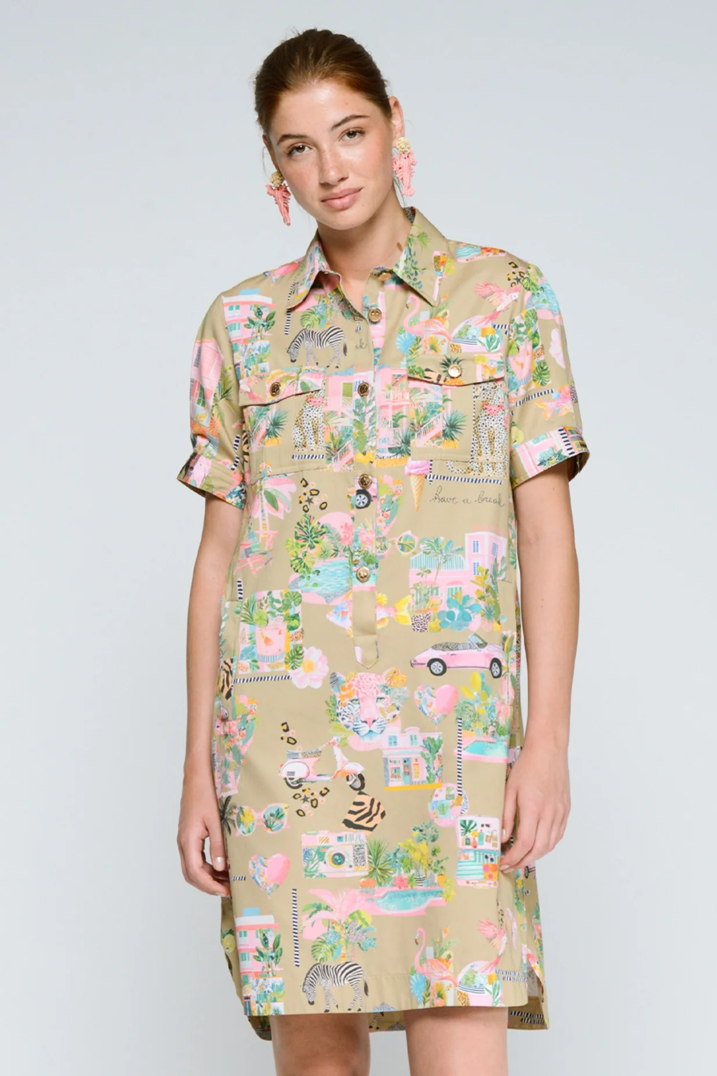 Vilagallo 33563 Sand Tropical Print Cotton Shirt Dress