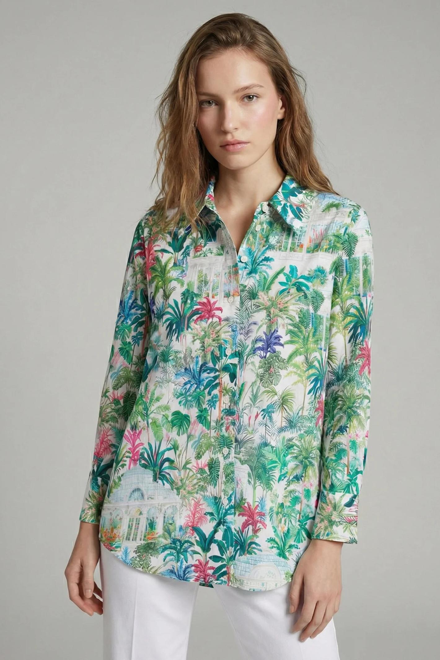 Vilagallo 33264 Tropical Garden Print Cotton Shirt by Vilagallo shown in portrait gallery position 2, shop Vilagallo at Dotique