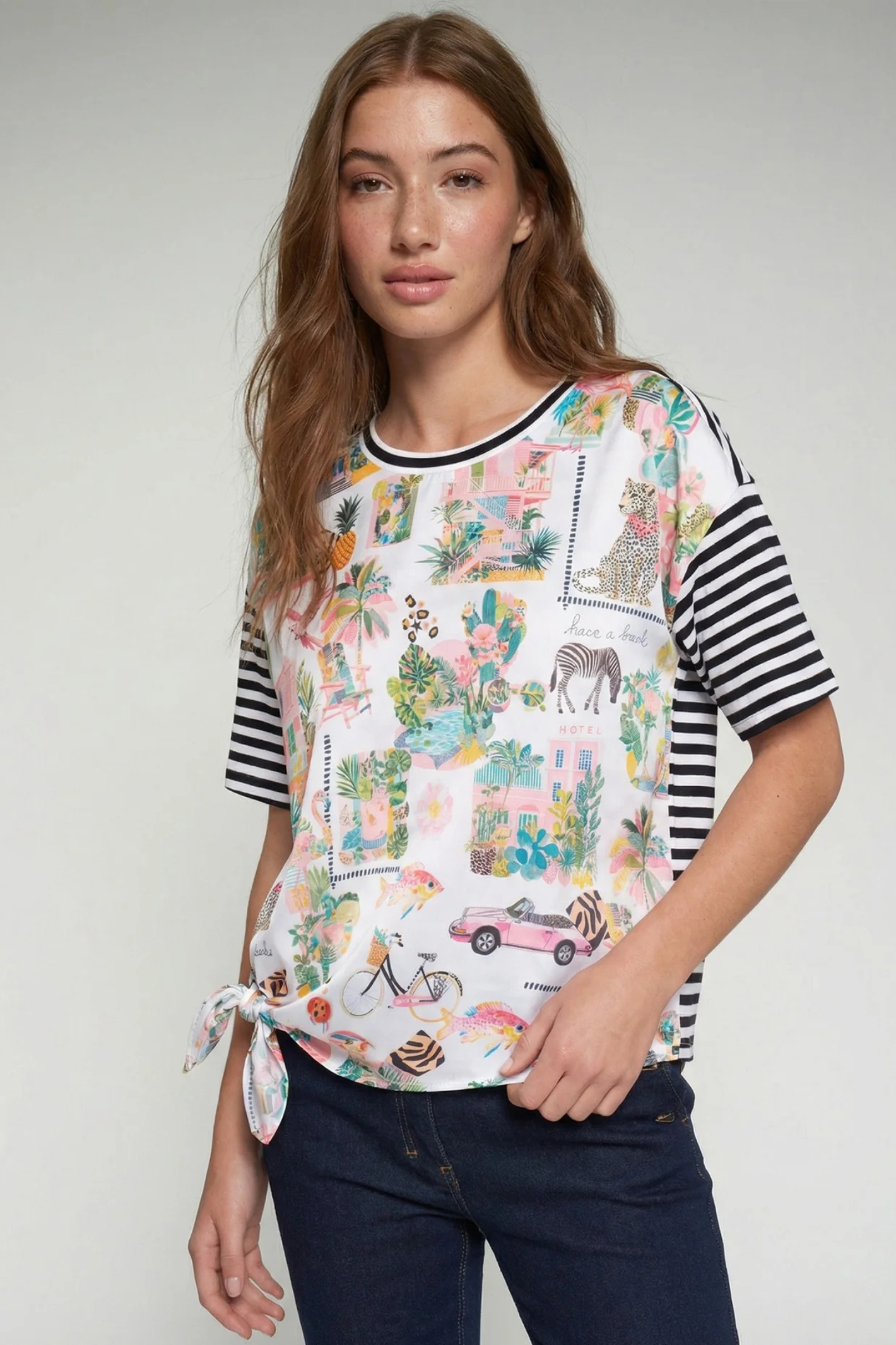 Vilagallo 33644 Tropical Print T-Shirt with Striped Sleeves by Vilagallo, shop stylish prints at Dotique.