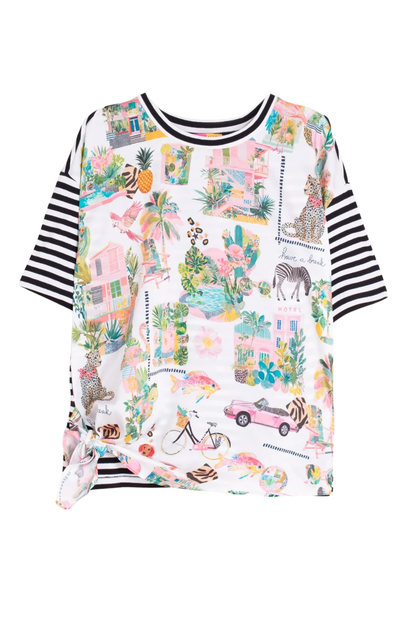 Vilagallo 33644 Tropical Print T-Shirt with Striped Sleeves by Vilagallo, shop Vilagallo at Dotique online.