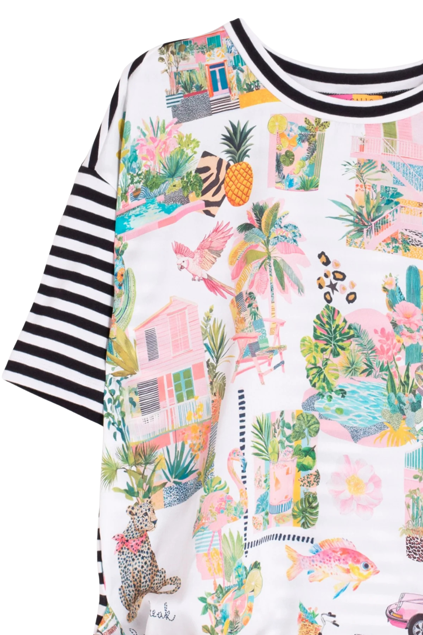 Vilagallo 33644 Tropical Print T-Shirt with Striped Sleeves by Vilagallo, shop Vilagallo at Dotique online today