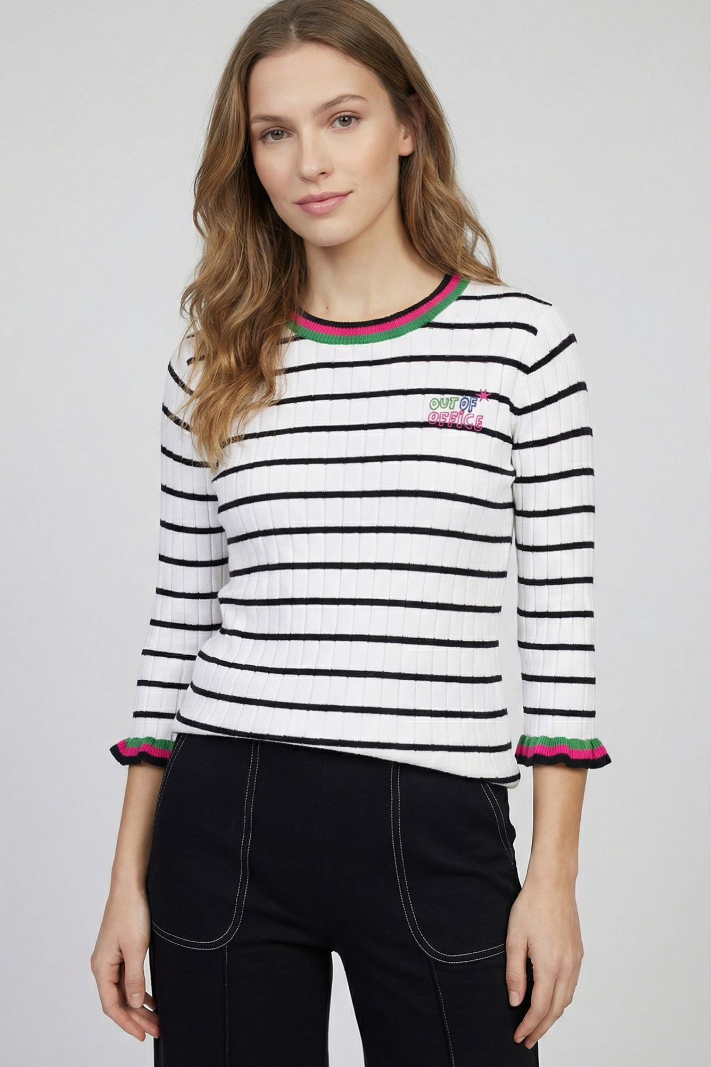 Model wearing Vilagallo 33508 White & Black Striped Cotton Top with Green & Pink Trim by vilagallo, shop vilagallo at Dotique