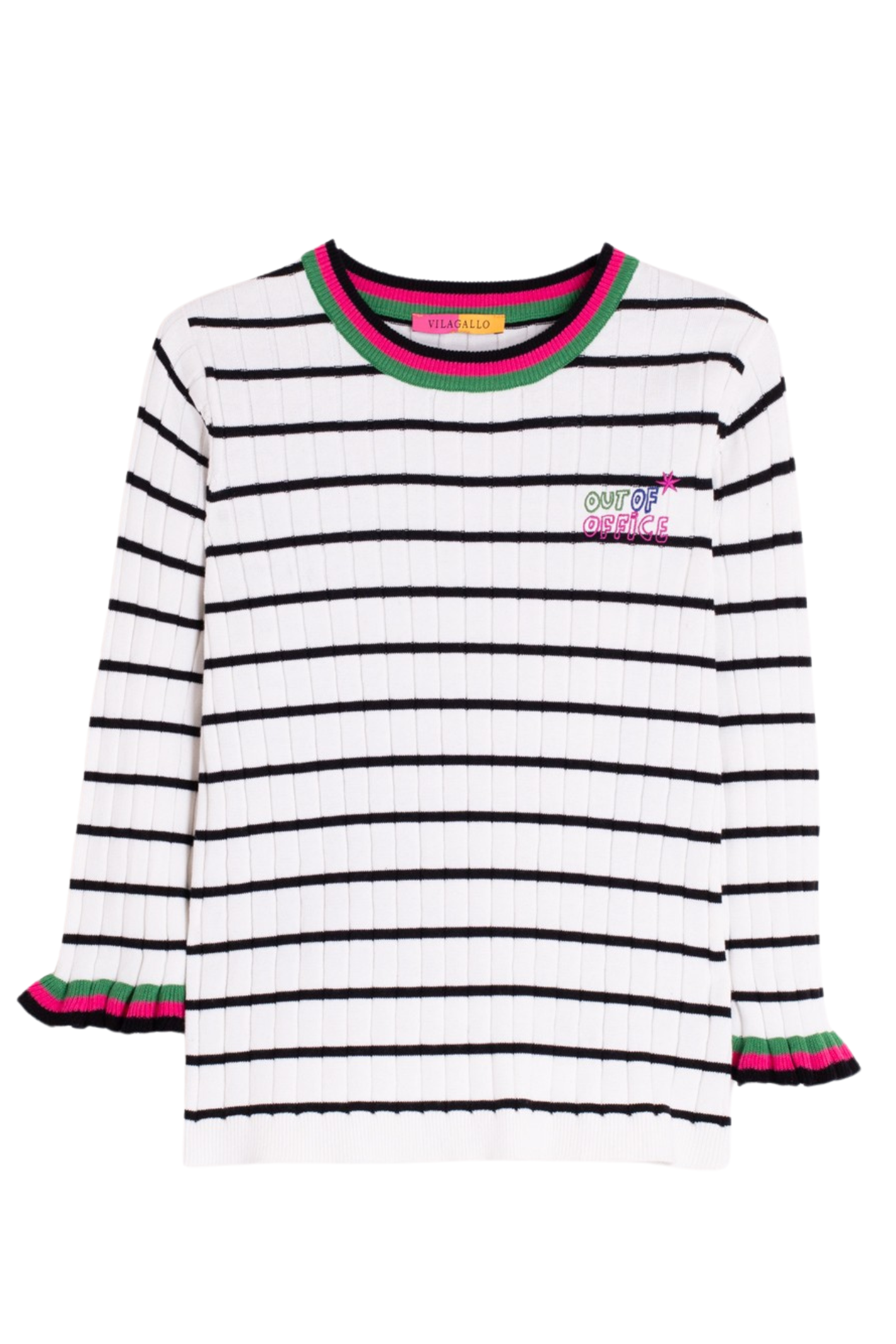 Vilagallo 33508 White & Black Striped Cotton Top with Green & Pink Trim by vilagallo, shop vilagallo at Dotique crisp flat lay view