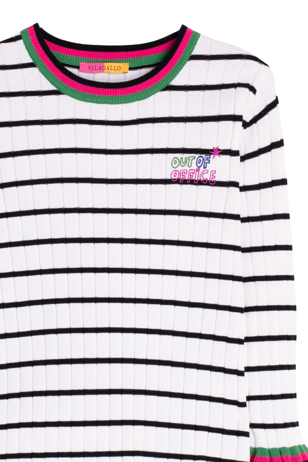 Vilagallo 33508 White & Black Striped Cotton Top with Green & Pink Trim by vilagallo, shop vilagallo at Dotique close-up on ribbed fabric