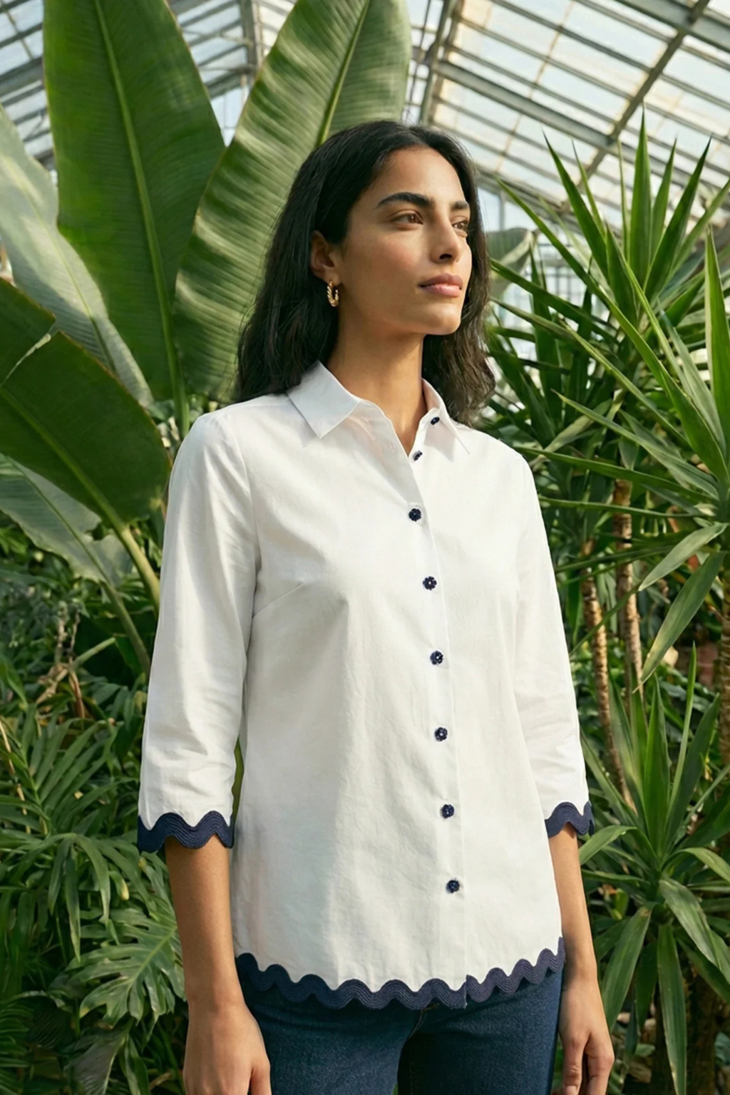 Model wearing Vilagallo 33606 White Cotton Shirt with Navy Ribbed Trim by vilagallo, shop vilagallo at Dotique in natural garden setting