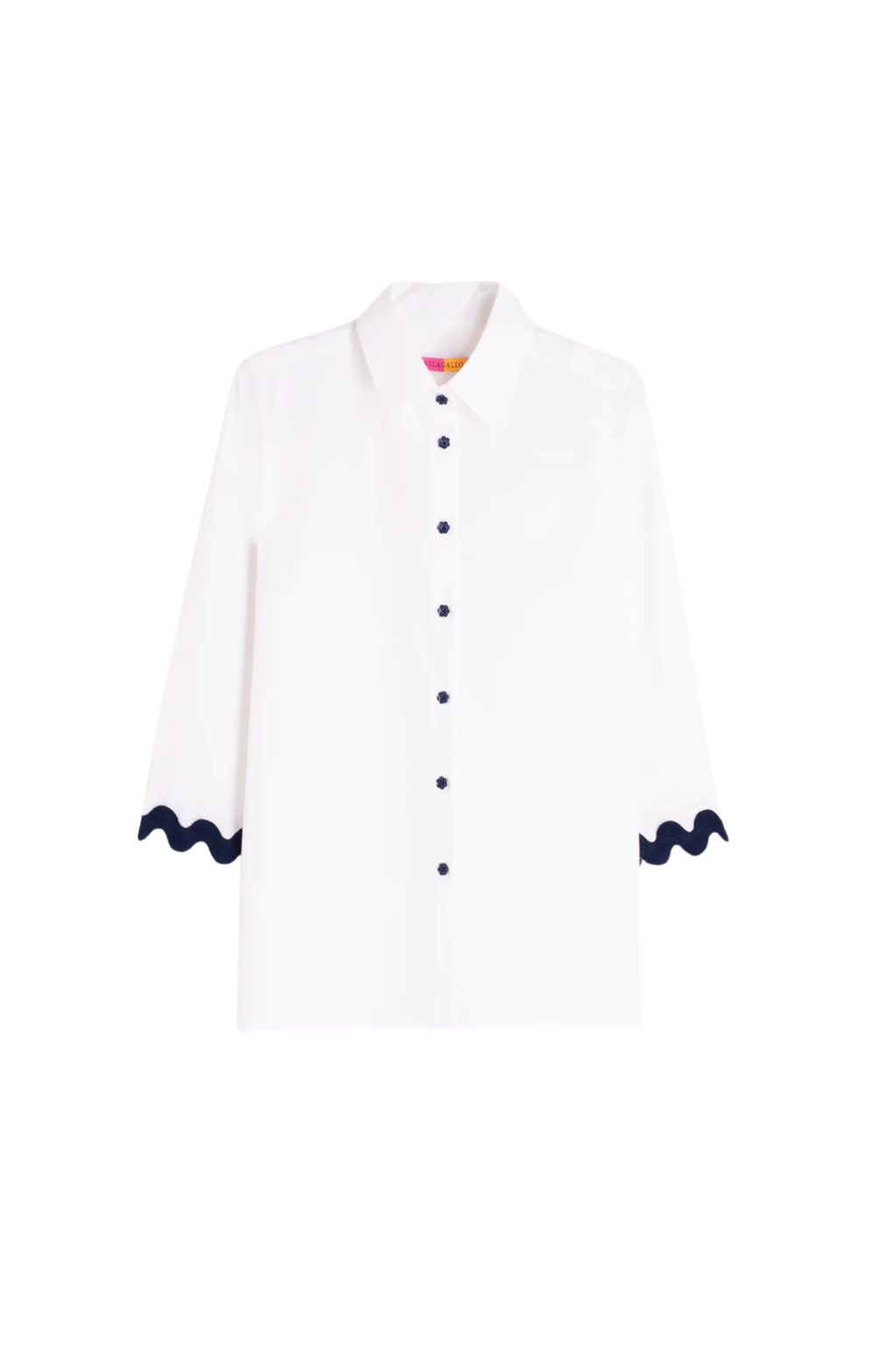 Vilagallo 33606 White Cotton Shirt with Navy Ribbed Trim by vilagallo, shop vilagallo at Dotique in clean white backdrop