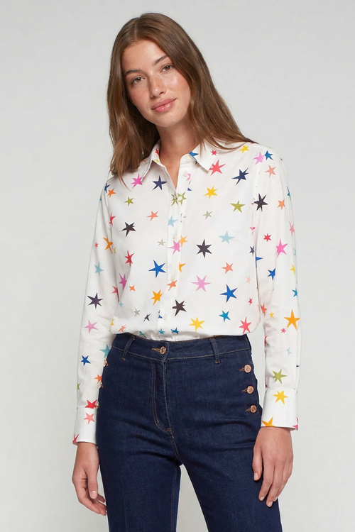Vilagallo 33493 White Multicolour Stars Print Shirt by Vilagallo worn by model, shop Vilagallo at Dotique.