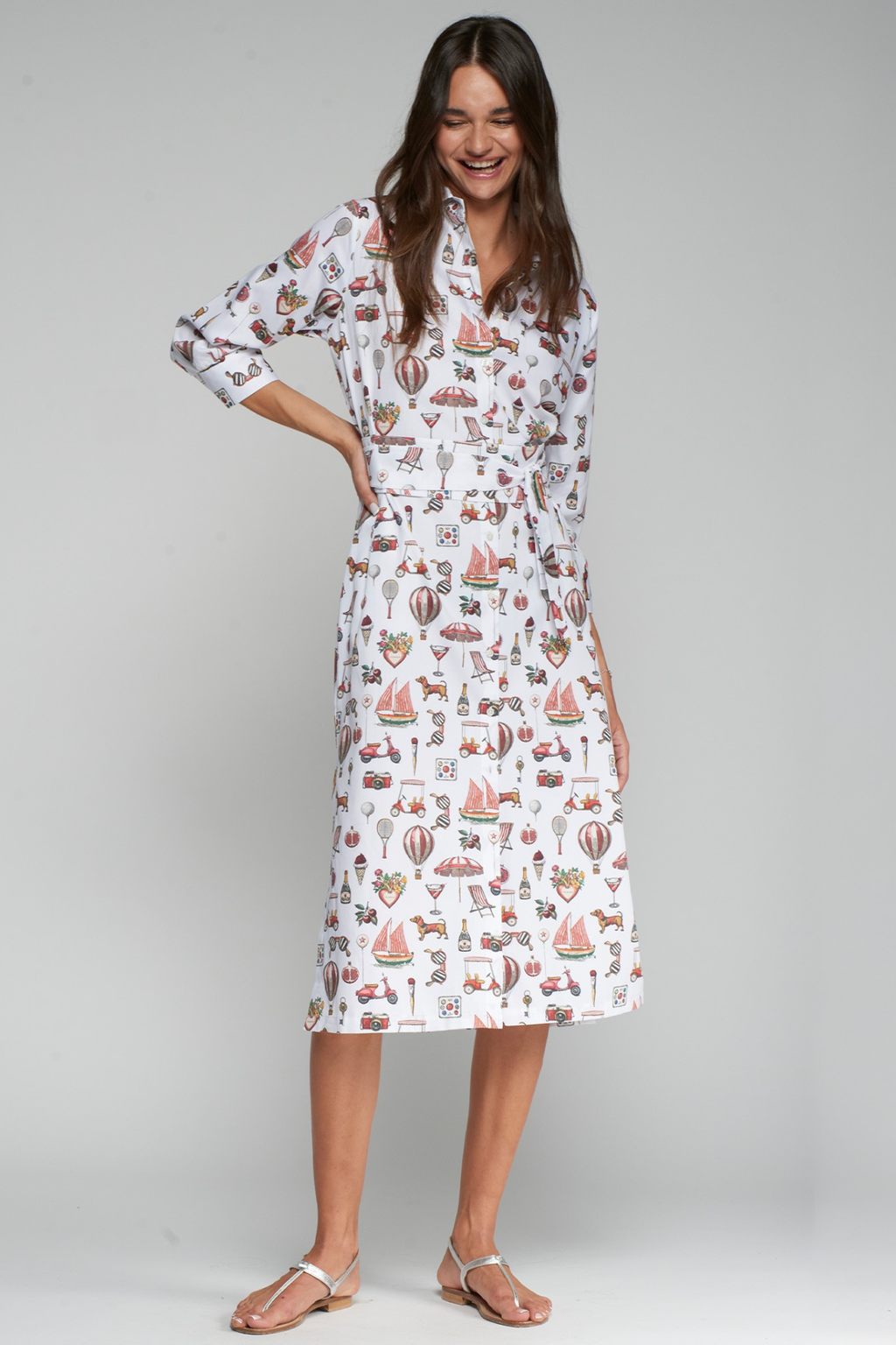 Vilagallo 33663 White Shirt Dress with Icon Print by vilagallo worn by model standing Shop the vendor at Dotique