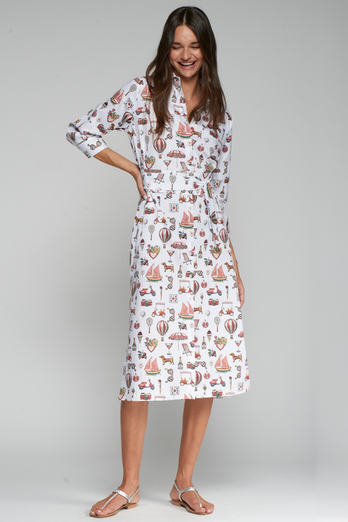 Vilagallo 33663 White Shirt Dress with Icon Print by Vilagallo modeled with sandals, shop Vilagallo at Dotique