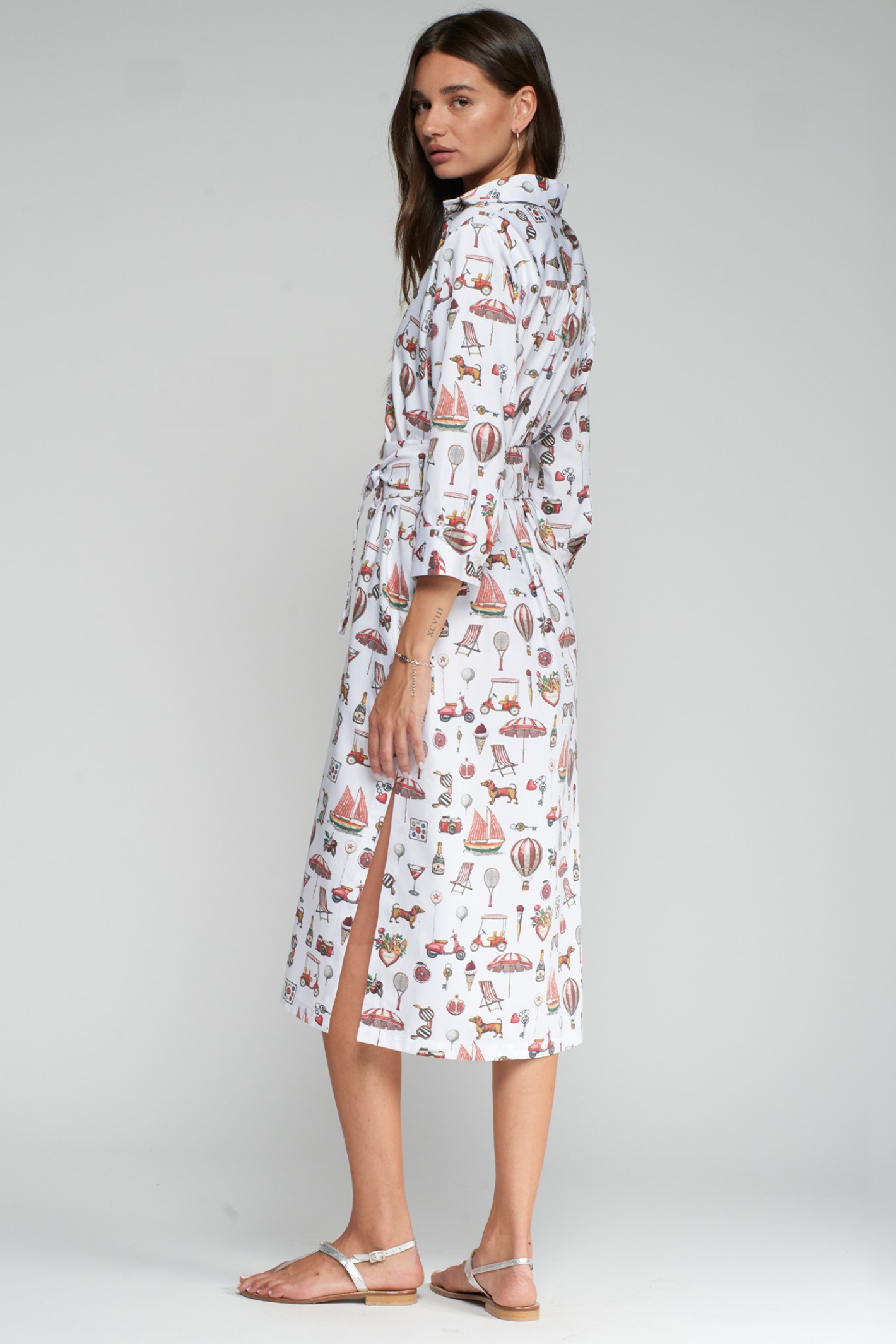 Vilagallo 33663 White Shirt Dress with Icon Print by vilagallo side view on model shop the vendor at Dotique